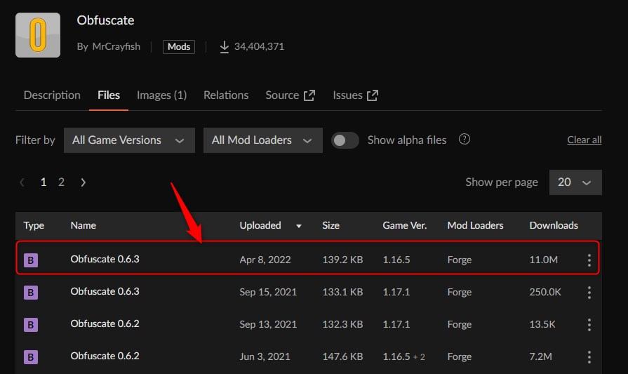 「obfuscate」にアクセスして、1.16.5を選択