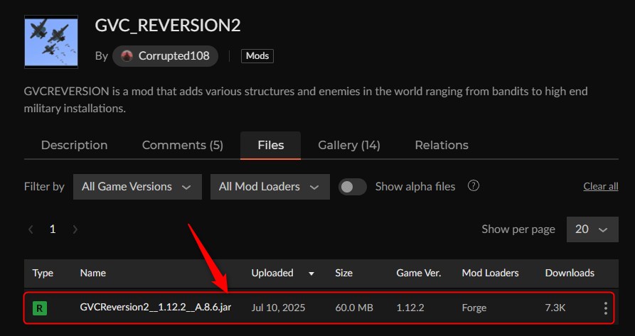 CurseForgeの「GVCReversion2」ページ