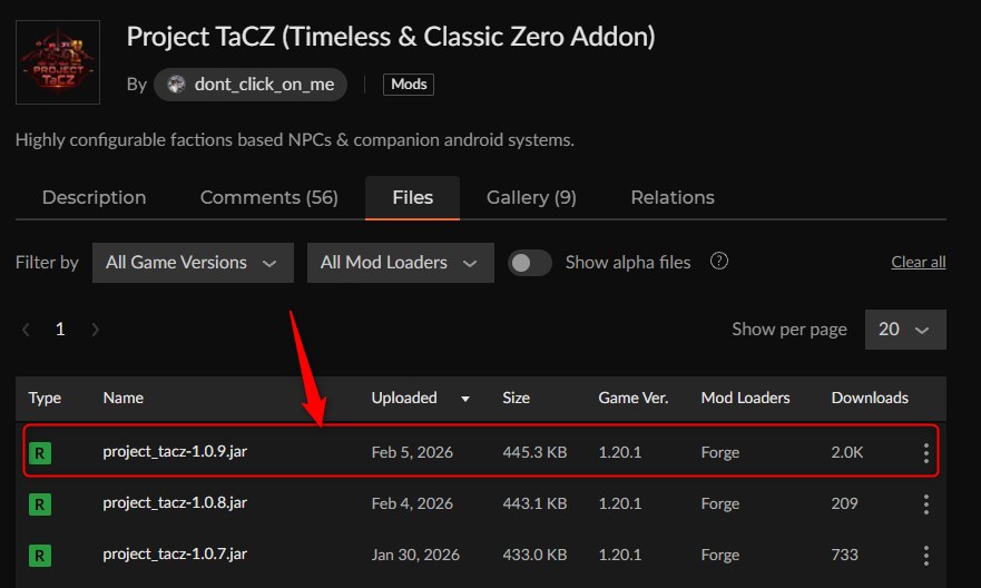 CurseForgeの「Project TaCZ」ページにアクセス