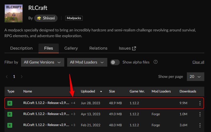 「RLCraft」にアクセス