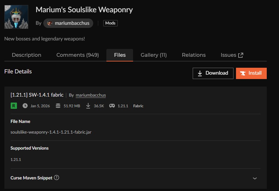 「Marium's Soulslike Weaponry」をインストール1