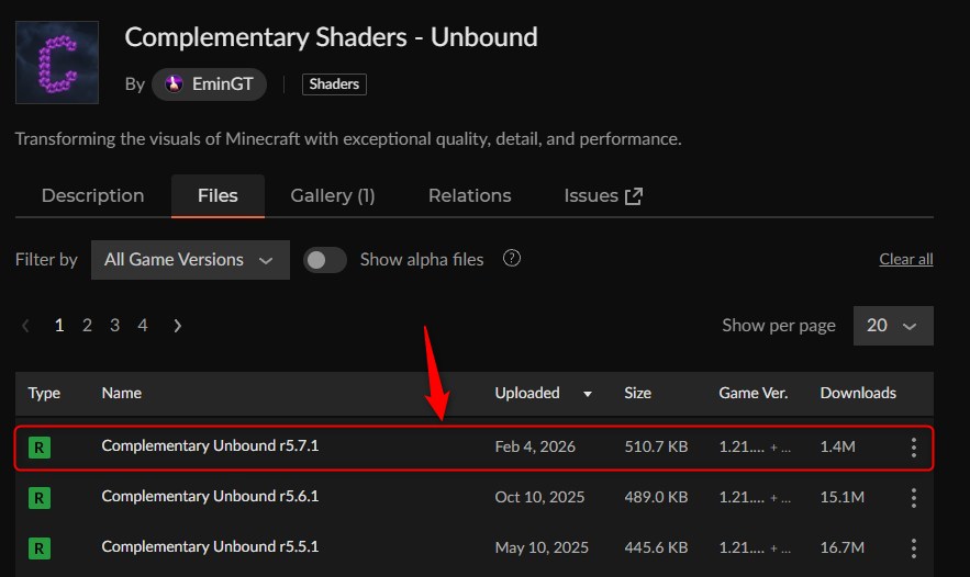 CurseForgeの「Complementary Shaders」ページにアクセス