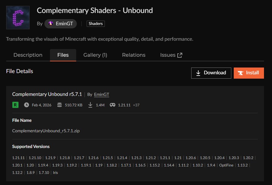「Complementary Shaders」をインストール