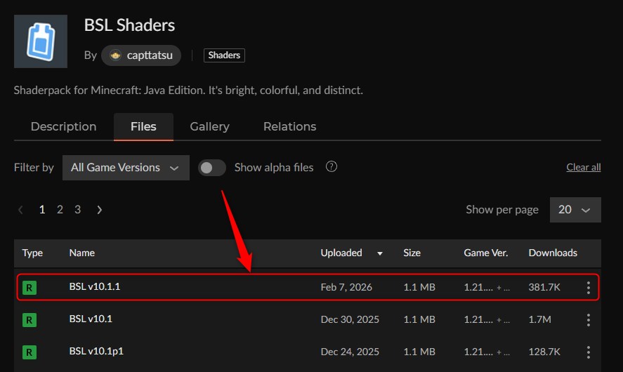 影MOD「BSL Shaders」ページにアクセス
