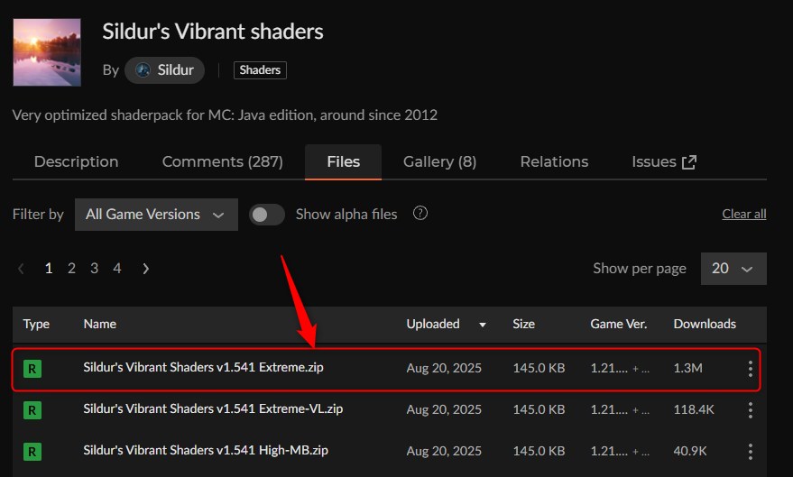 影MOD「Sildur's Vibrant shaders」にアクセス