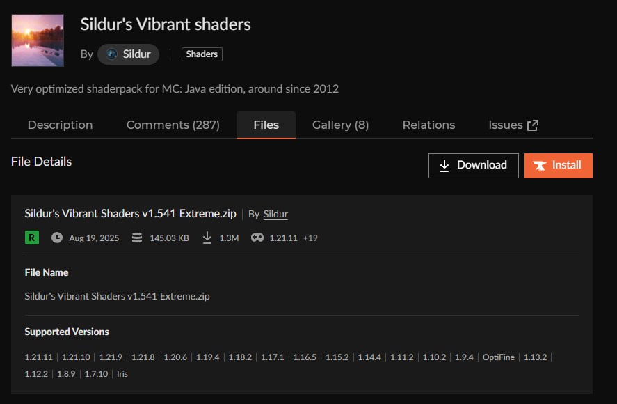影MOD「Sildur's Vibrant shaders」をインストール
