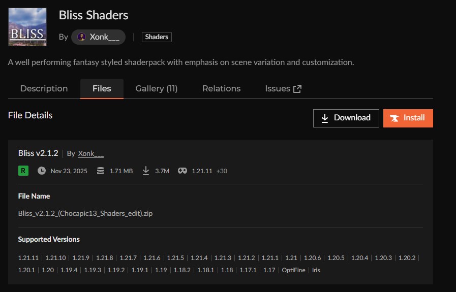 影MOD「Bliss Shaders」をインストール