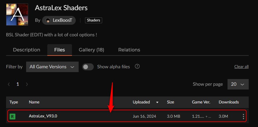 影MOD「AstraLex Shaders」にアクセス