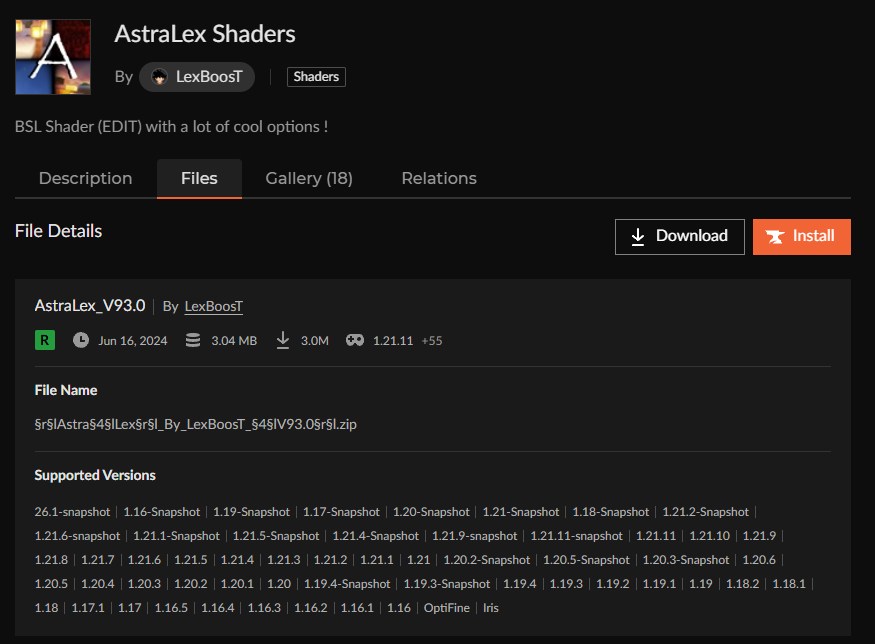 影MOD「AstraLex Shaders」をインストール