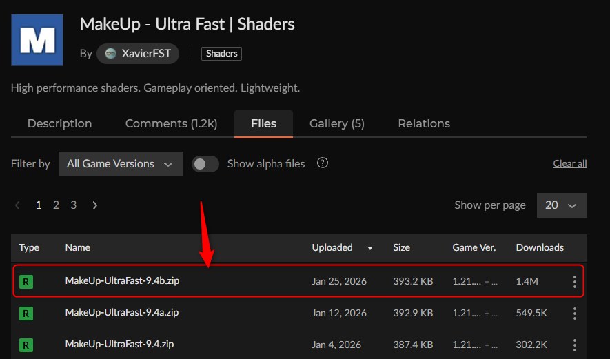 影MOD「MakeUp - Ultra Fast Shaders」にアクセス