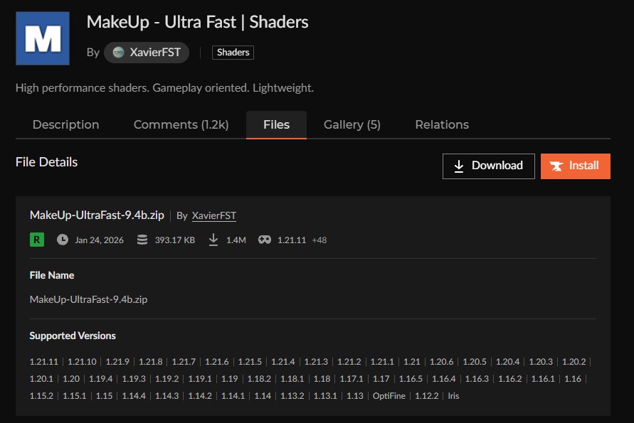 影MOD「MakeUp - Ultra Fast Shaders」をインストール