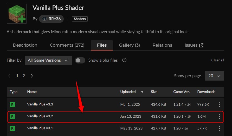 影MOD「Vanilla Plus Shader」にアクセス