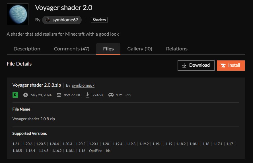 影MOD「Voyager shader 2.0」のインストール