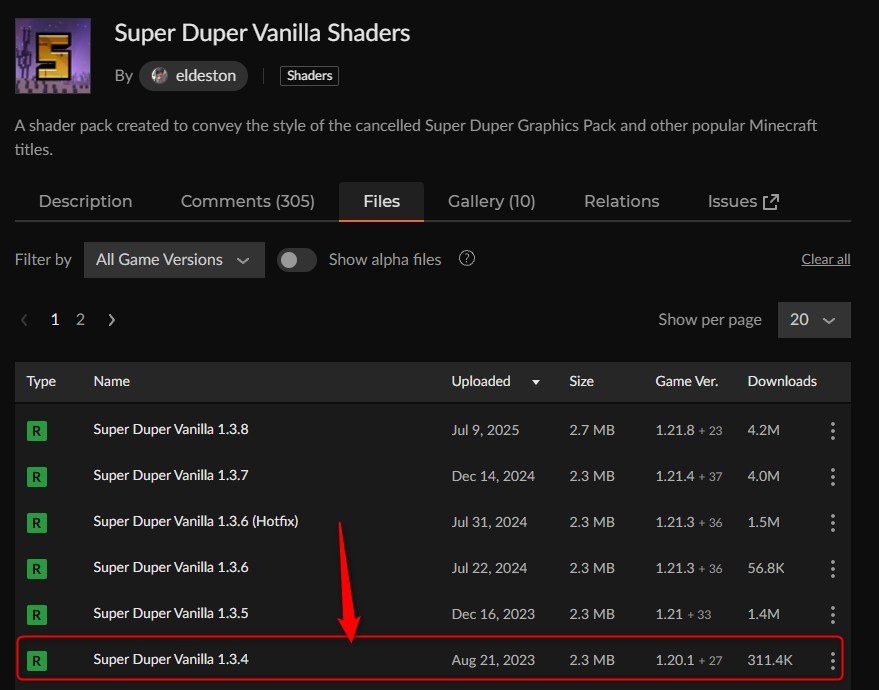 影MOD「Super Duper Vanilla Shaders」にアクセス
