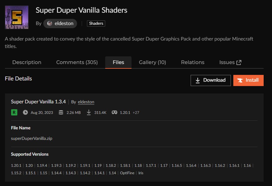 影MOD「Super Duper Vanilla Shaders」をインストール