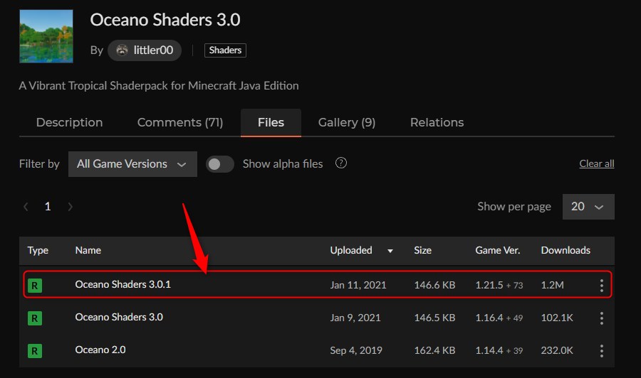 影MOD「Oceano Shaders 3.0」にアクセス