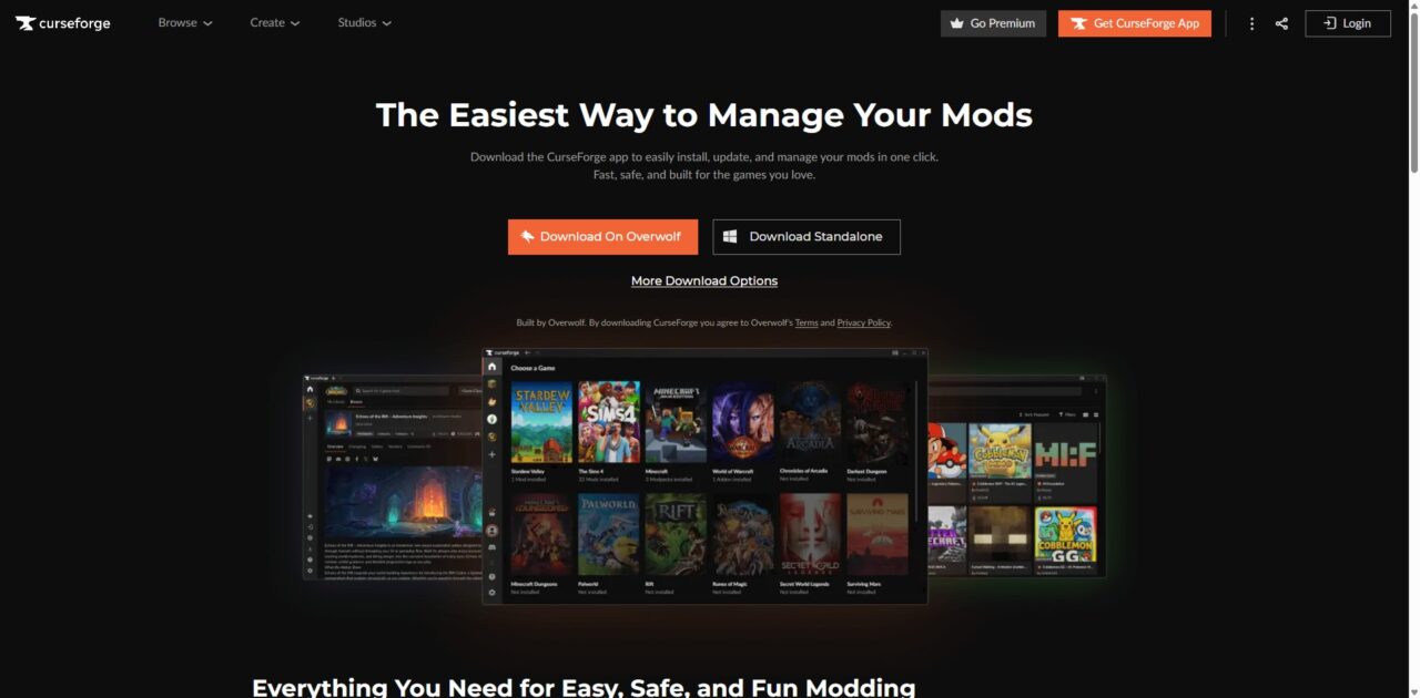 CurseForgeのダウンロードサイトのトップページ