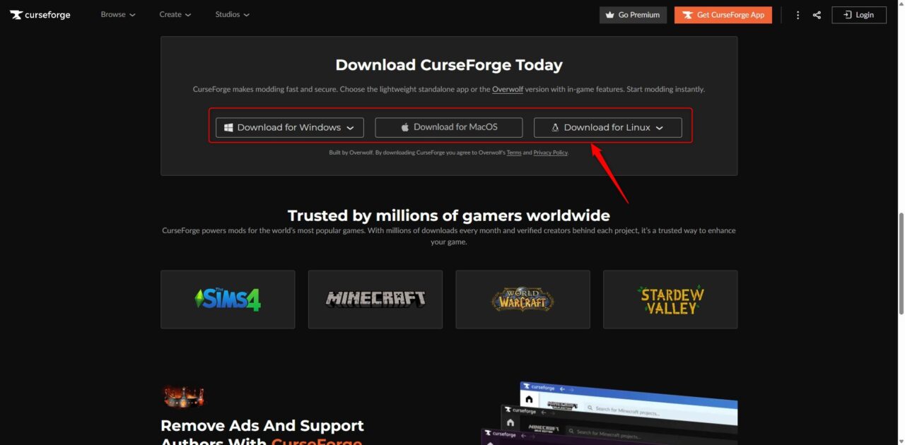 CurseForge AppのOS選択画面