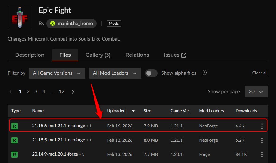 CurseForgeの「Epic Fight」ページ