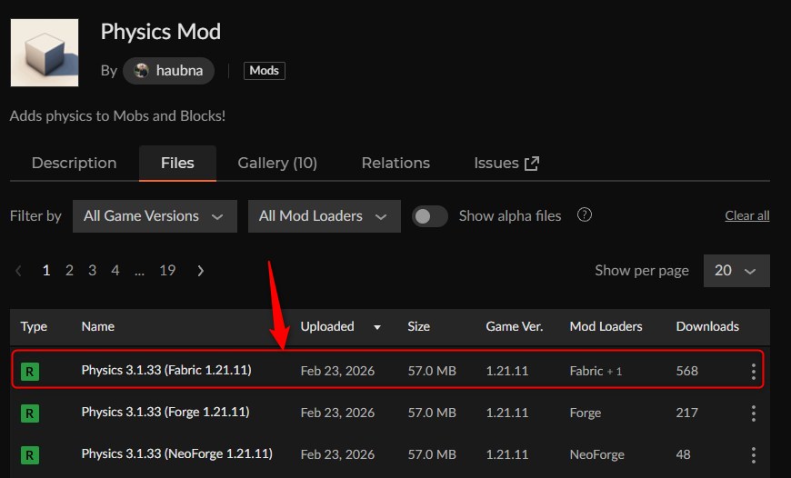 「Physics Mod」にアクセス