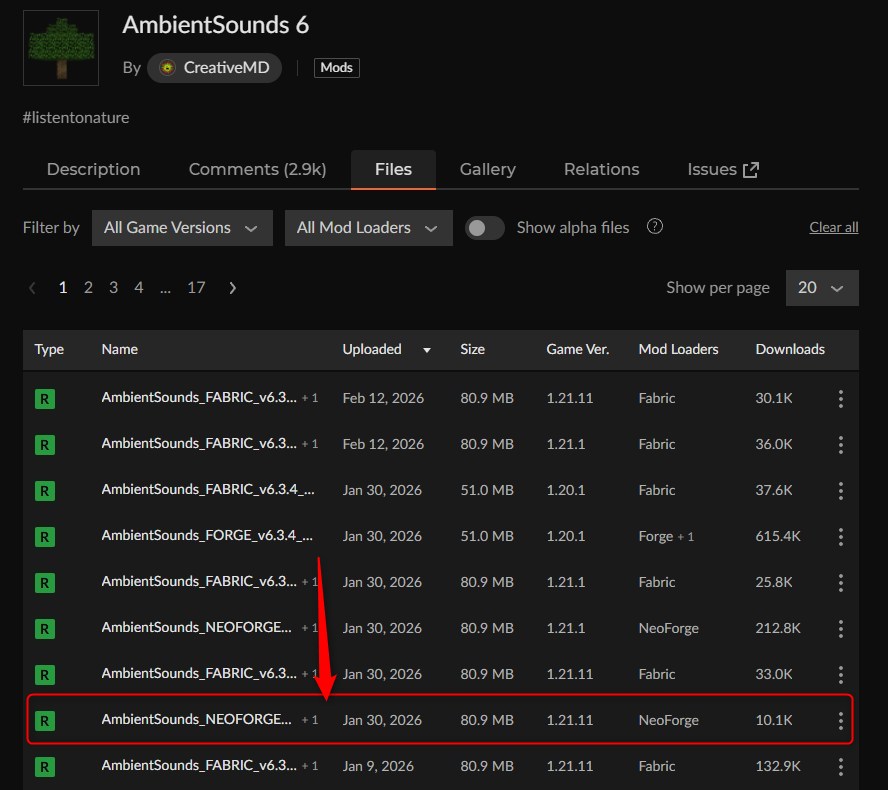 CurseForgeの「AmbientSounds 6」ページ