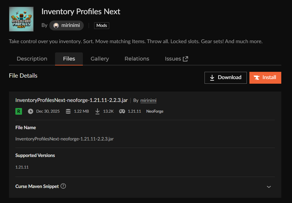 「Inventory Profiles Next」をインストール