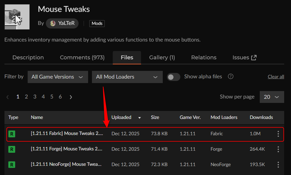 チェスト整理MOD「Mouse Tweaks」にアクセス