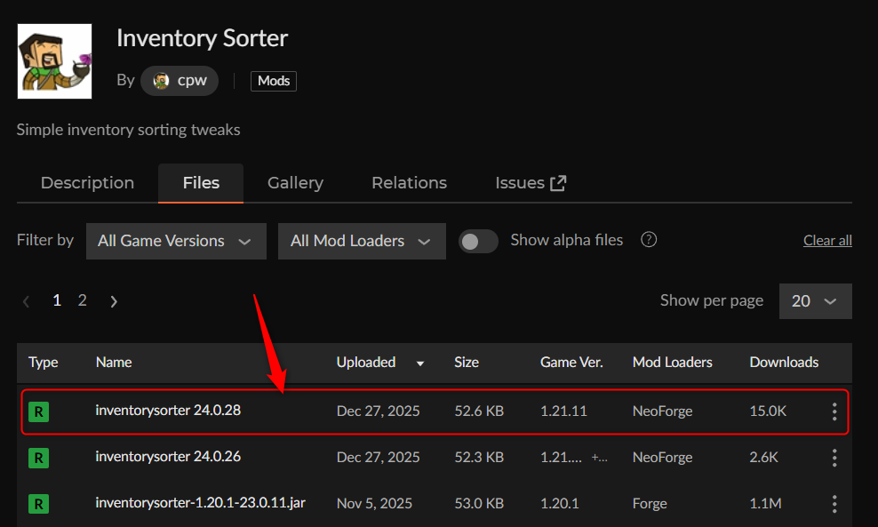 チェスト整理MOD「Inventory Sorter」にアクセス