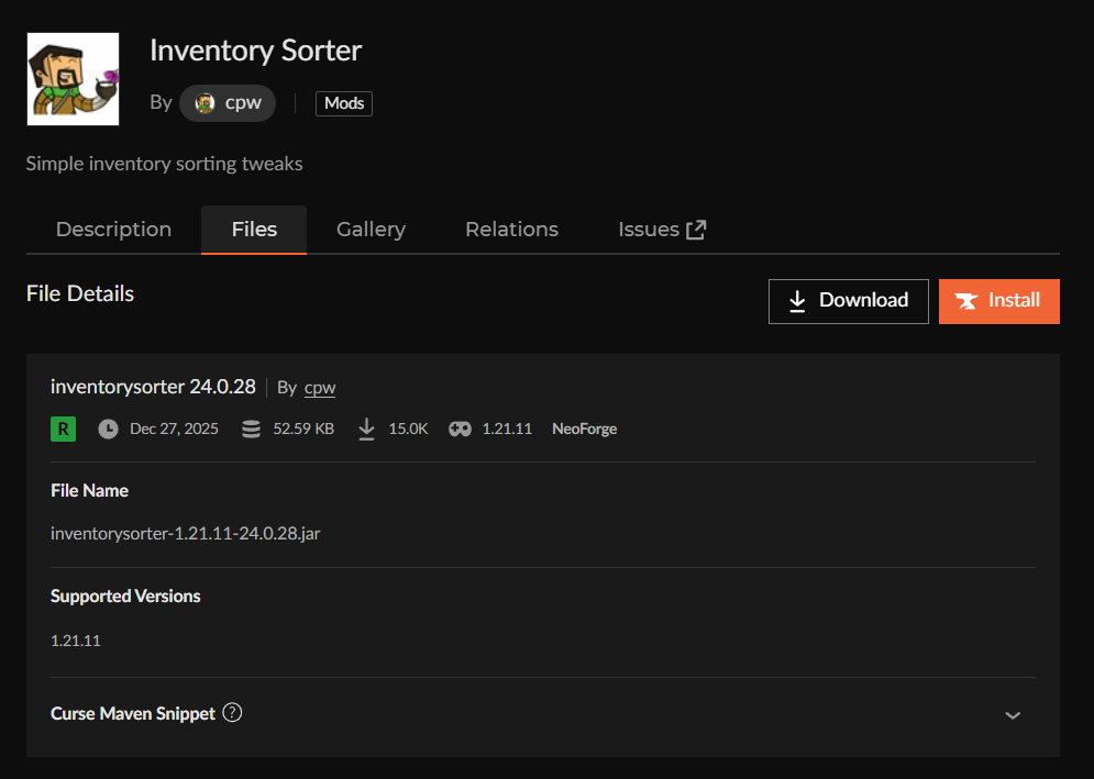 チェスト整理MOD「Inventory Sorter」をインストール