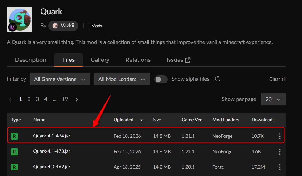 チェスト整理MOD「Quark」にアクセス
