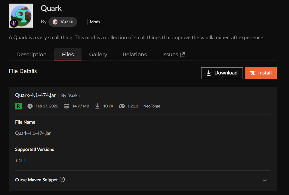 チェスト整理MOD「Quark」をインストール