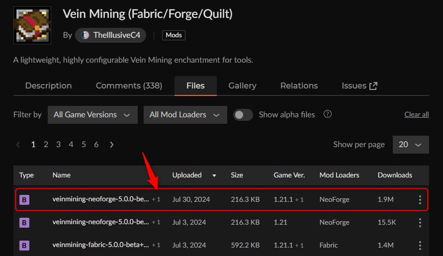 鉱石MOD「Vein Mining」の入れ方1