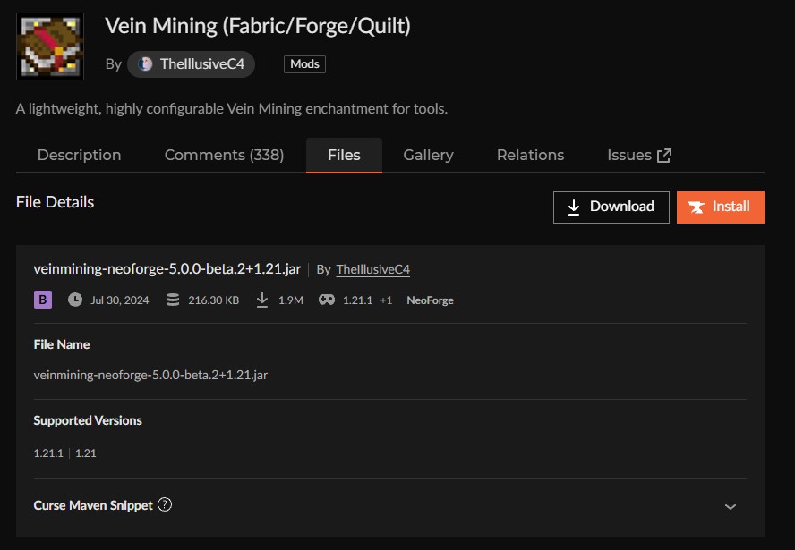 鉱石MOD「Vein Mining」の入れ方2