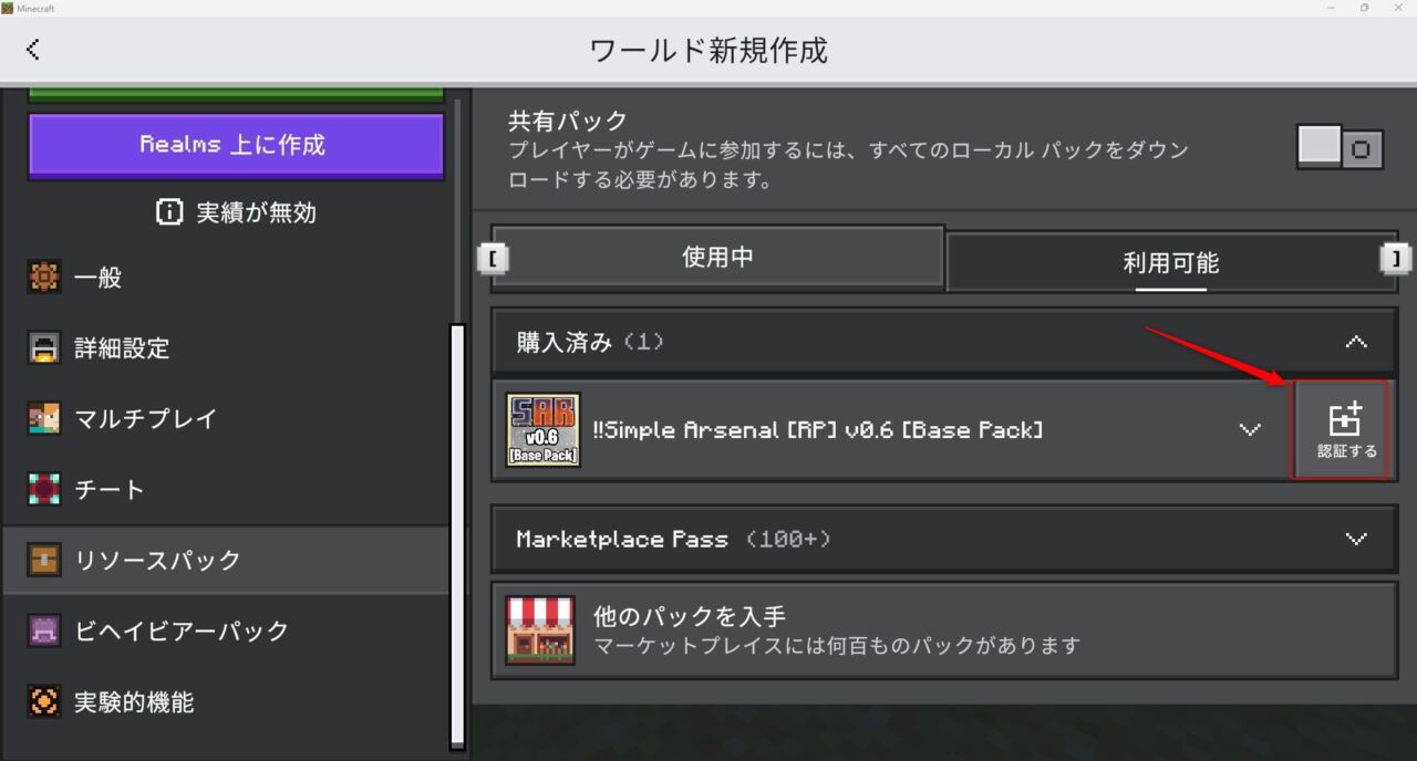 設定でビヘイビアパック・リソースパックを有効化1