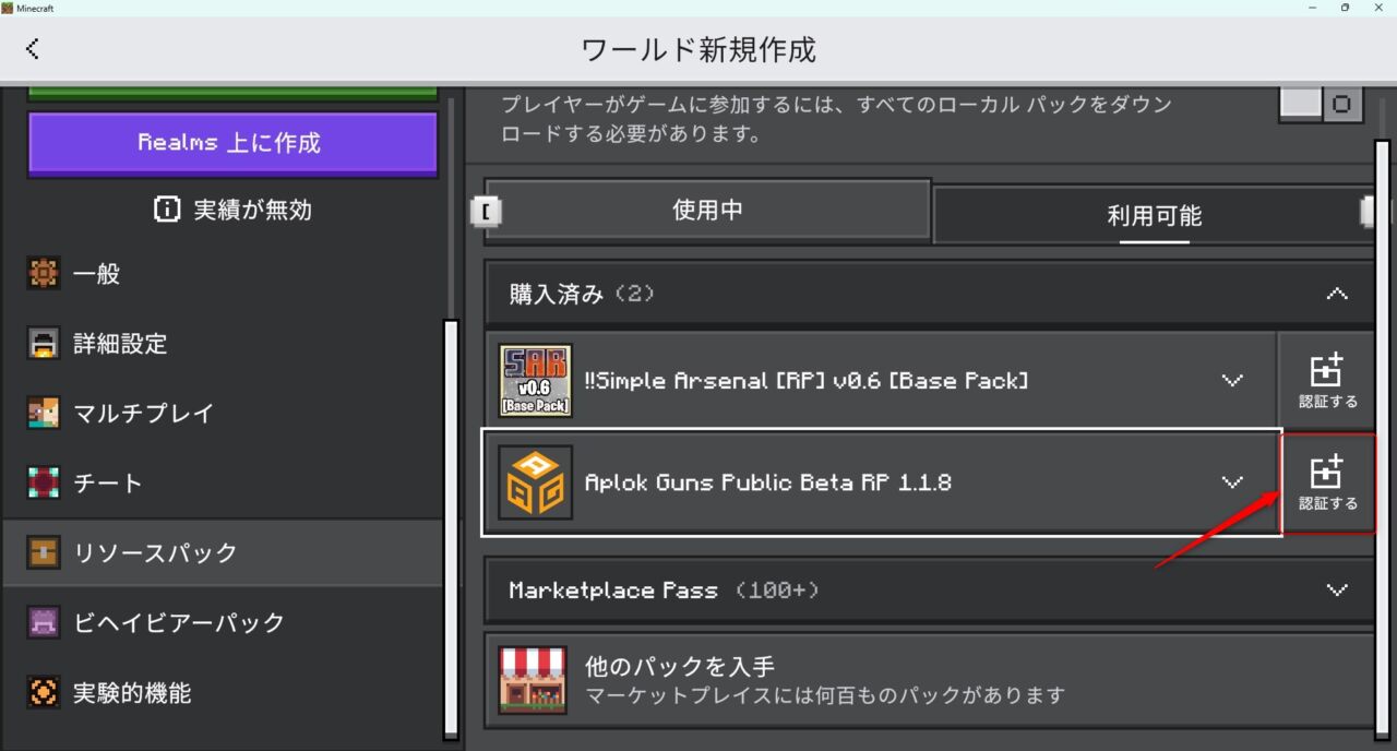 新規ワールドでビヘイビアパック・リソースパックを有効化1