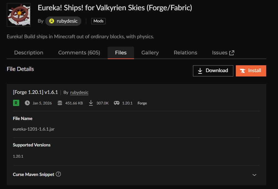 船MOD「Eureka! Ships! for Valkyrien Skies」の入れ方2