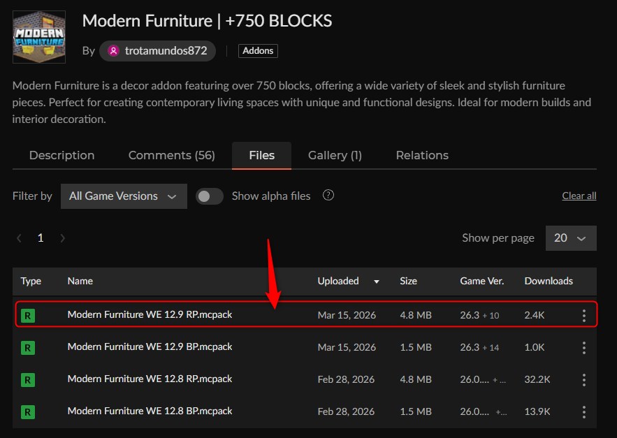 家具アドオン「Modern Furniture(+750 BLOCKS)」の入れ方1