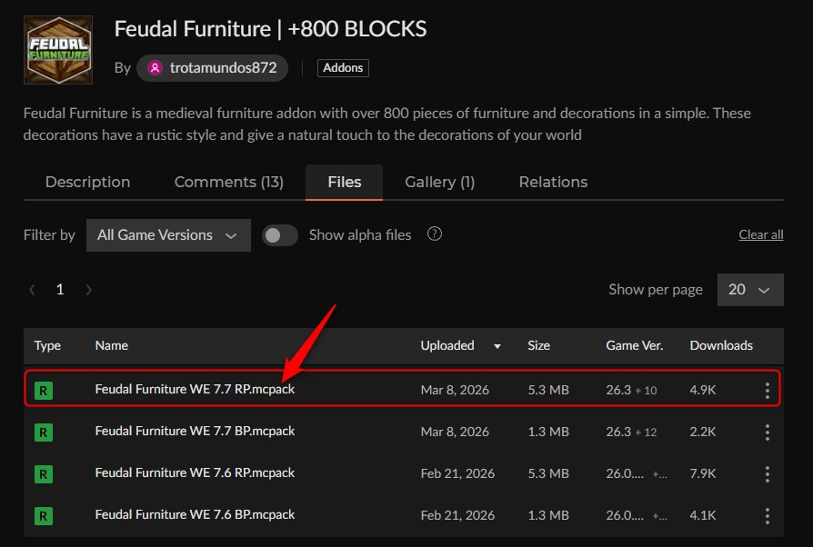 家具アドオン「Feudal Furniture(+800 BLOCKS)」の入れ方1