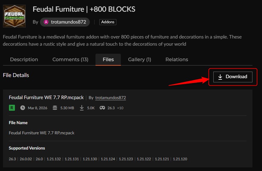 家具アドオン「Feudal Furniture(+800 BLOCKS)」の入れ方2