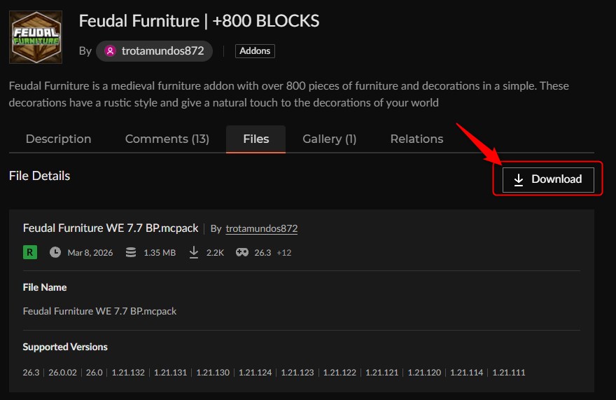 家具アドオン「Feudal Furniture(+800 BLOCKS)」の入れ方4