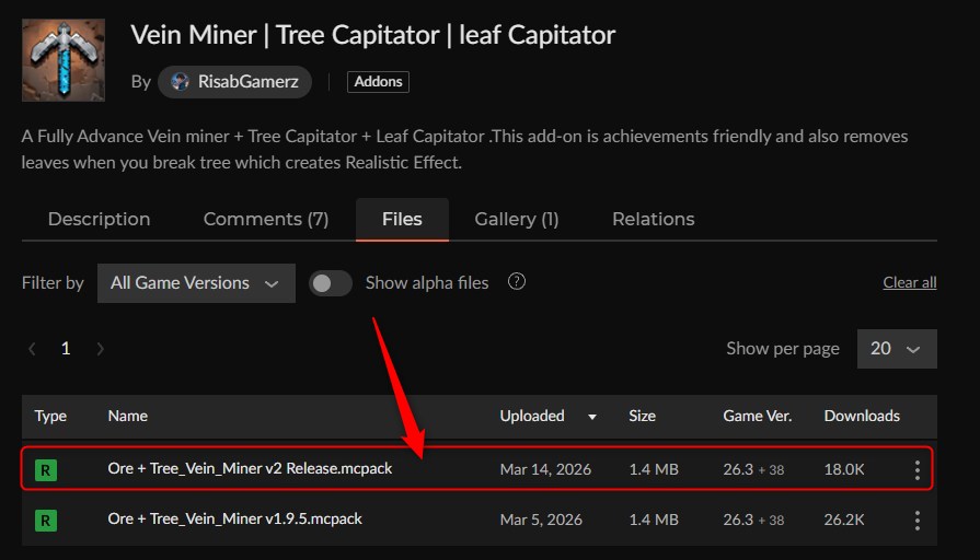一括破壊アドオン「Vein Miner | Tree Capitator | Leaf Capitator」の入れ方1