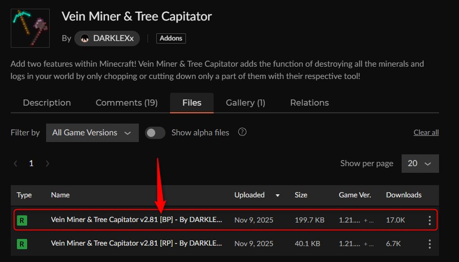 一括破壊アドオン「Vein Miner & Tree Capitator」の入れ方3
