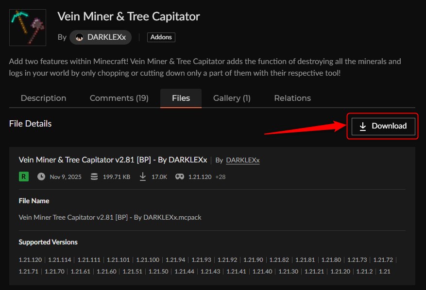 一括破壊アドオン「Vein Miner & Tree Capitator」の入れ方4