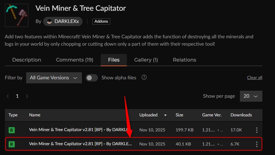 一括破壊アドオン「Vein Miner & Tree Capitator」の入れ方1