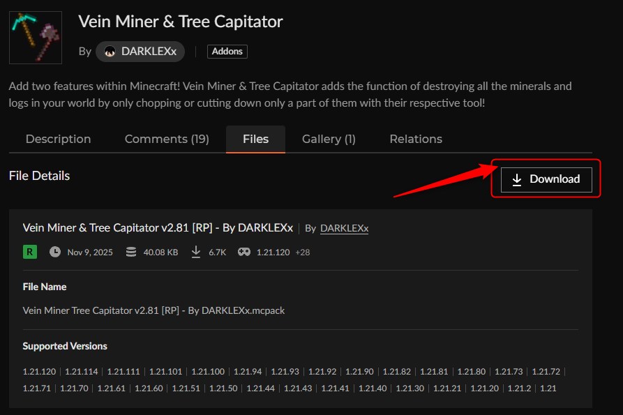 一括破壊アドオン「Vein Miner & Tree Capitator」の入れ方2
