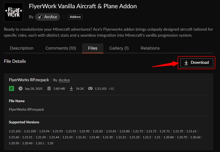飛行機アドオン「FlyerWork Vanilla Aircraft & Plane Addon」の入れ方4