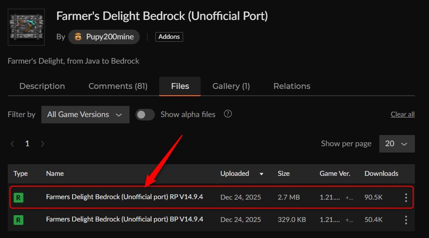 料理アドオン「Farmer's Delight Bedrock(Unofficial Port)」の入れ方1