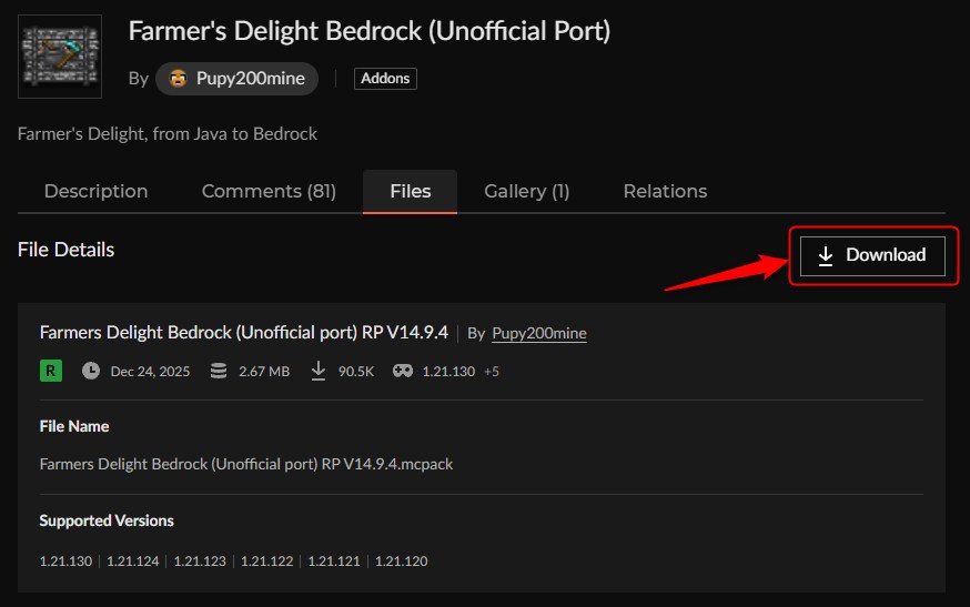 料理アドオン「Farmer's Delight Bedrock(Unofficial Port)」の入れ方2