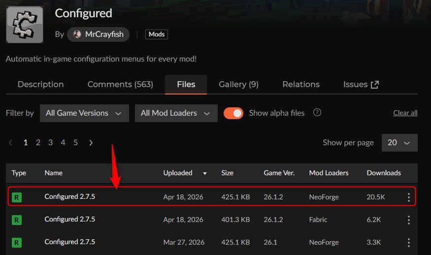 ConfiguredのCurseForgeページでバージョンを選択する手順