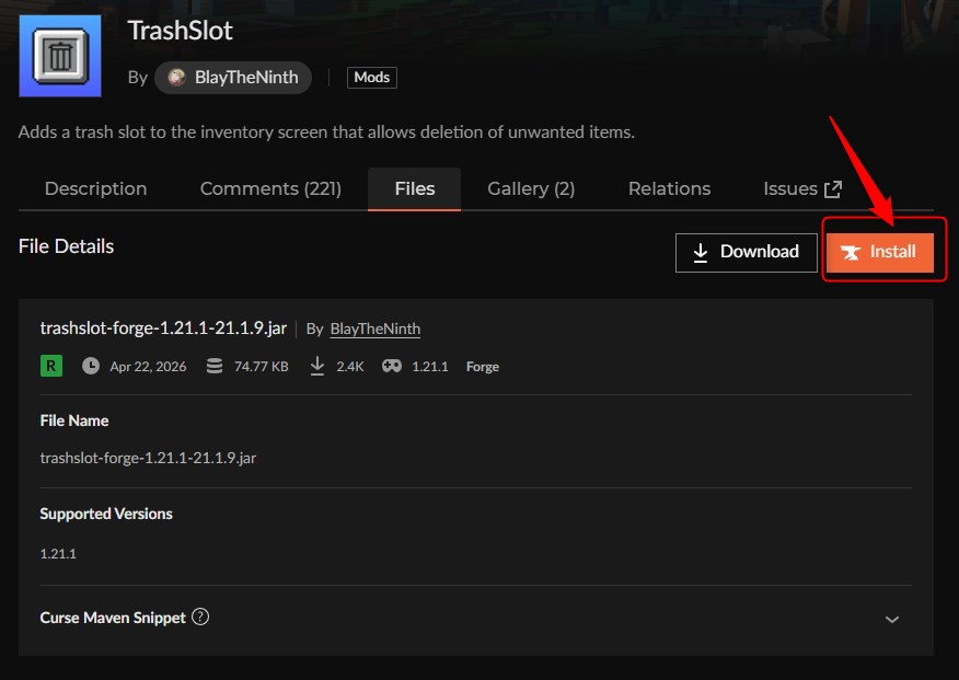 TrashSlotのInstallボタンをクリックする画面